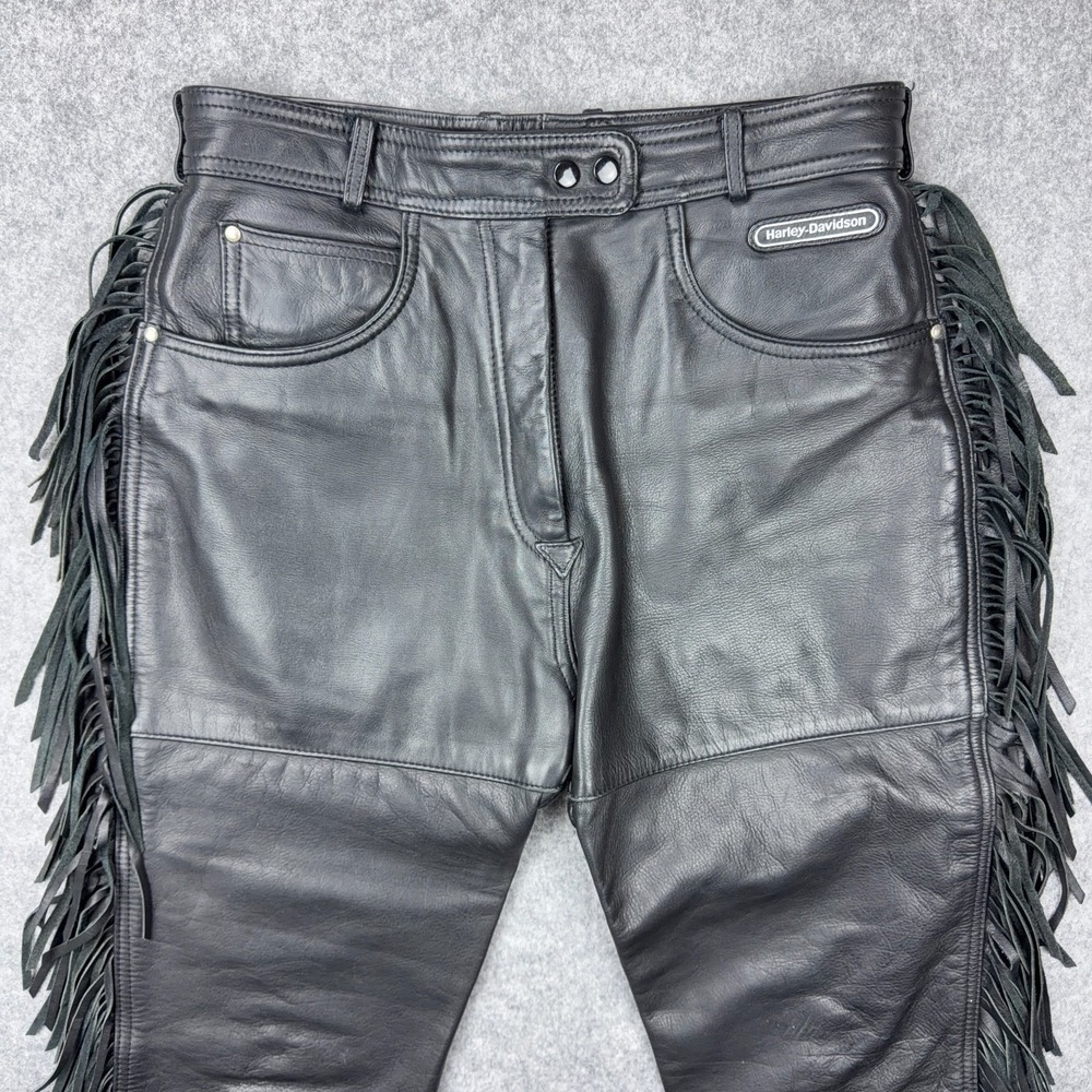 VTG Harley Davidson Leather Pants Womens 16 Black Motorcycle Biker‎ Fringe 80s - Picture 2 of 14